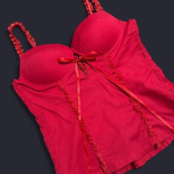 VTG Y2K Clk Clk Clk Red Lace Up Ruffle Lace Smocked Bustier Top w Padding S - Picture 7 of 8